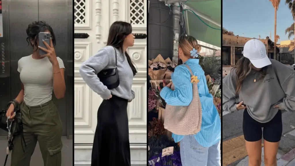 Collage of everyday outfit ideas with cargos skirts oversized shirts and casual street style looks