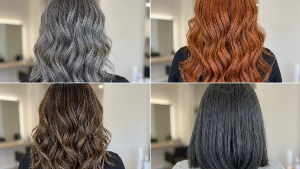 Collage of four back-view hairstyles showing different hair coloring results, including ash grey, warm copper, dimensional brunette highlights