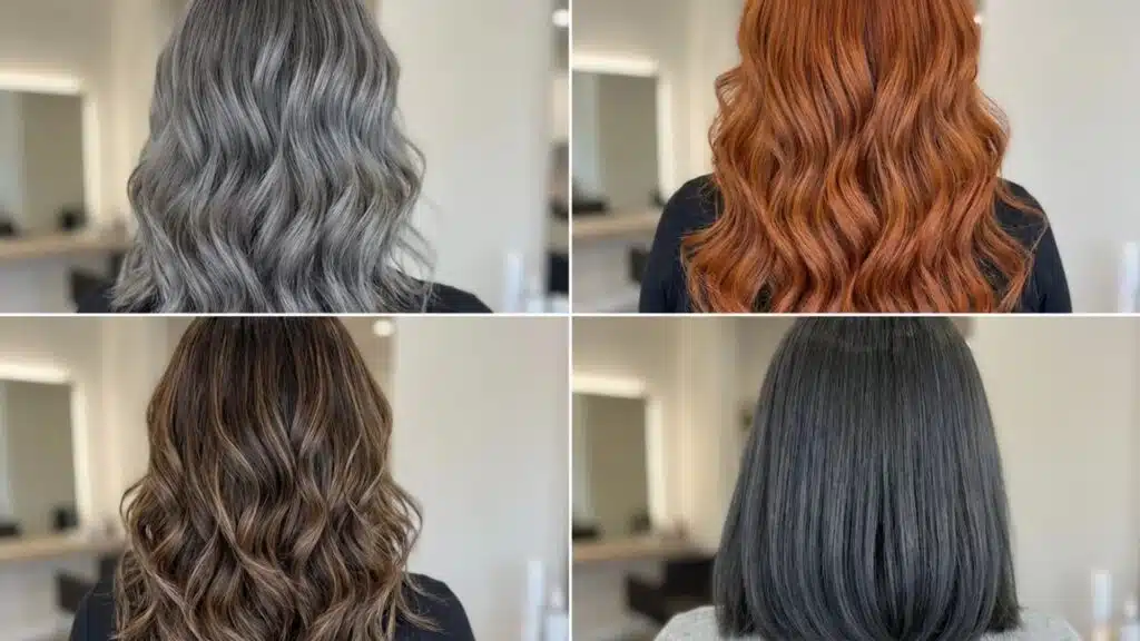 Collage of four back-view hairstyles showing different hair coloring results, including ash grey, warm copper, dimensional brunette highlights