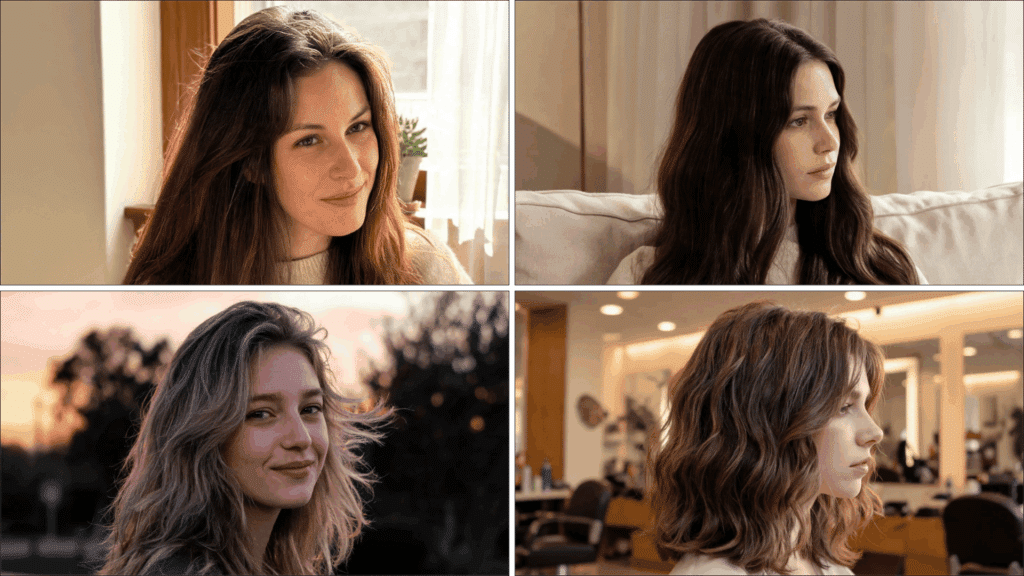 Collage of four women showing long layered hair, soft waves, and medium textured hairstyles