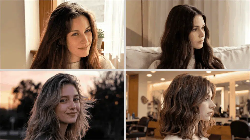 Collage of four women showing long layered hair, soft waves, and medium textured hairstyles