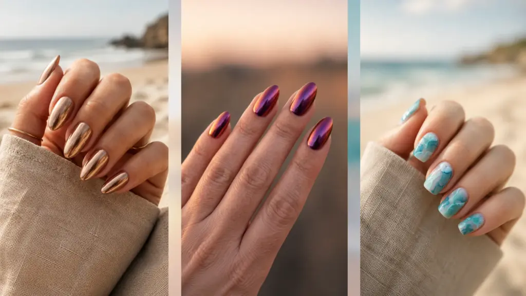 Collage of trendy beach nail designs featuring chrome gold almond nails, duochrome sunset chrome nails, and blue marble nail art with soft blurred beach backgrounds.