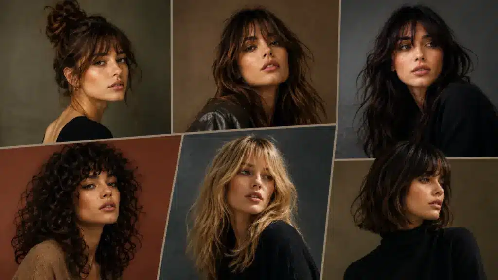 Collage of women with Bardot fringe hairstyles featuring curly, layered, shaggy, and bob variations