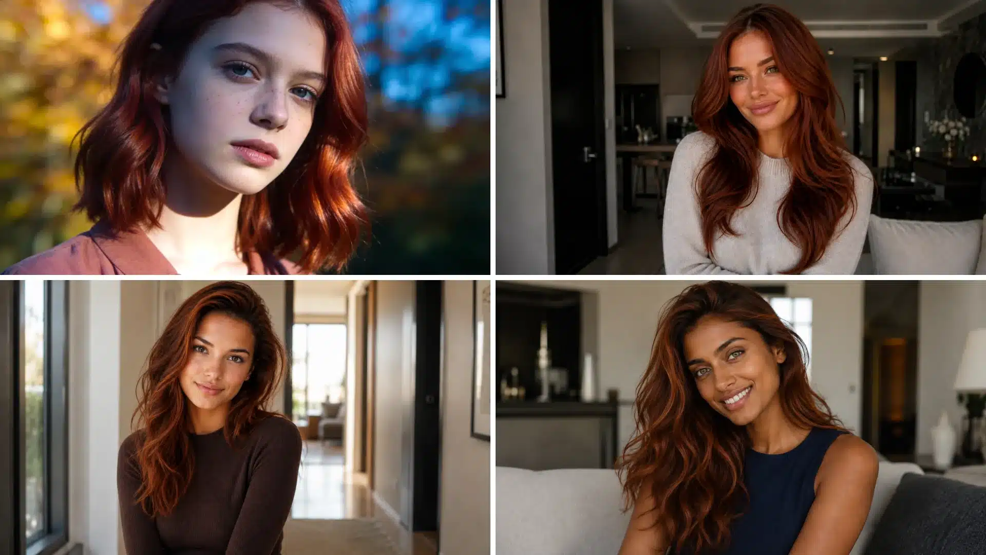 Collage of women with glossy auburn hairstyles in soft indoor and outdoor lighting with natural makeup