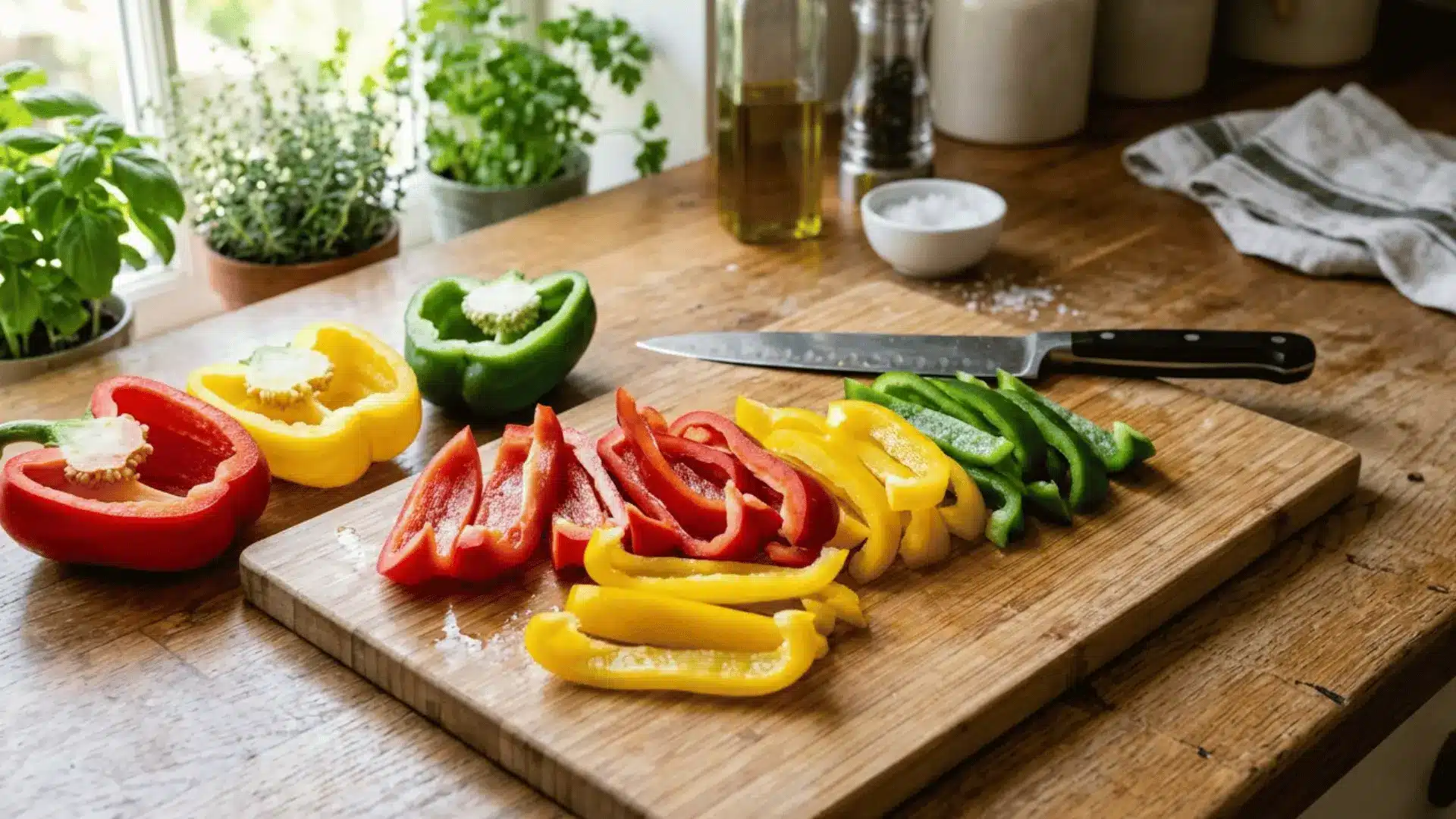 Colorful red, yellow, and green bell peppers sliced on a kitchen counter