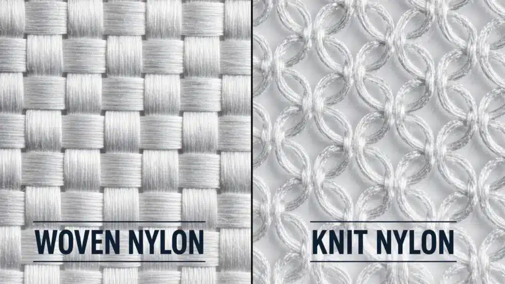 Comparison of knit nylon loops and woven nylon tight weave showing loop structure and weft threads