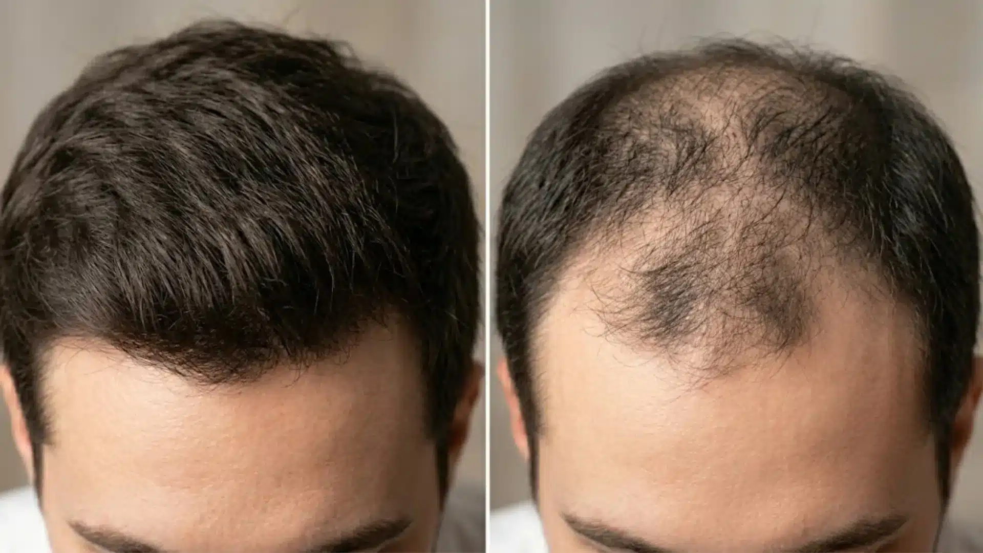Comparison showing healthy hair density and advanced male pattern hair loss on scalp top