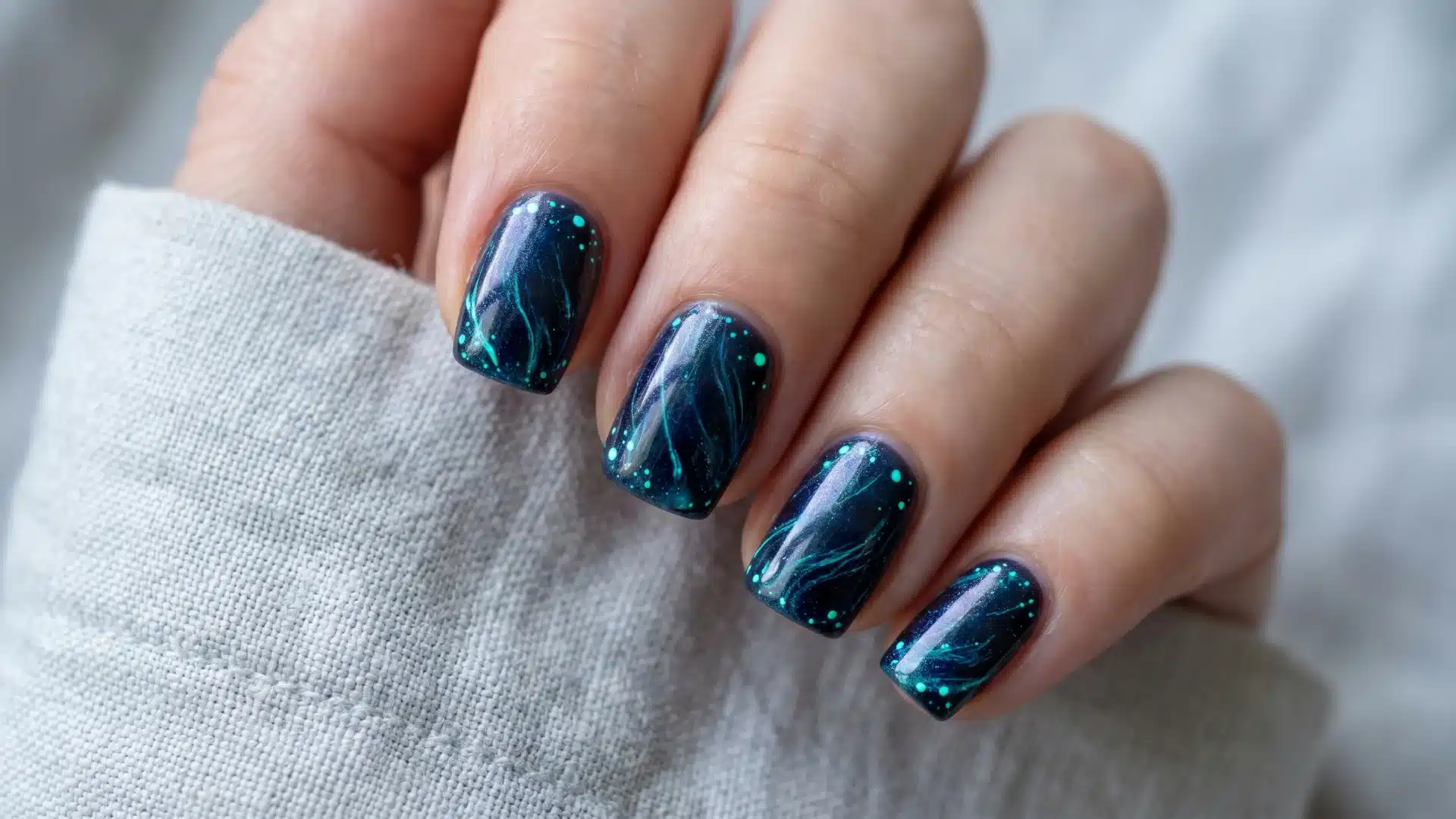 Dark teal galaxy nails with glowing dots and flowing light streak design