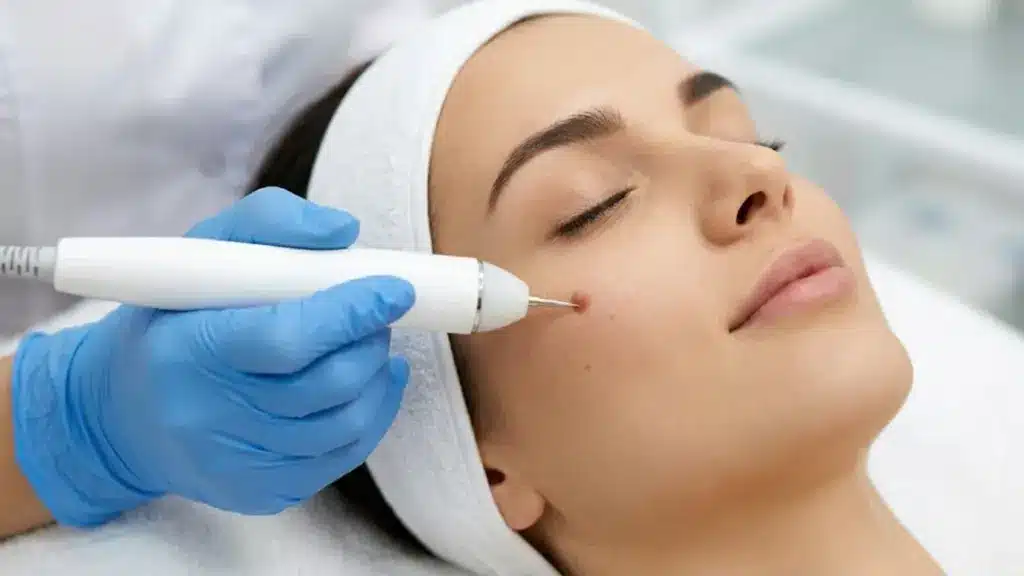 Dermatologist performing laser mole removal on a woman’s cheek in a clinical treatment setting