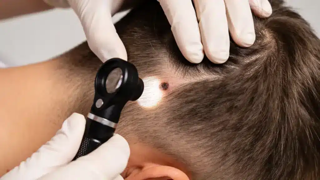 Doctor examining a mole on a patient's scalp using a handheld magnifier