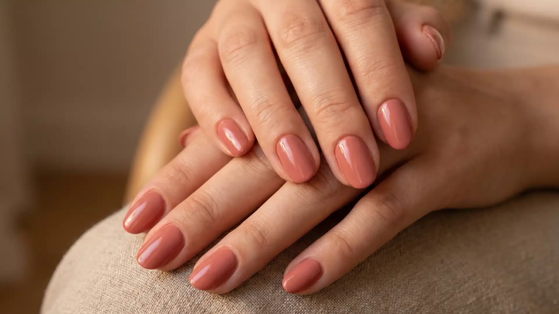 Dusty rose nails with warm undertones in a clean, minimal finish