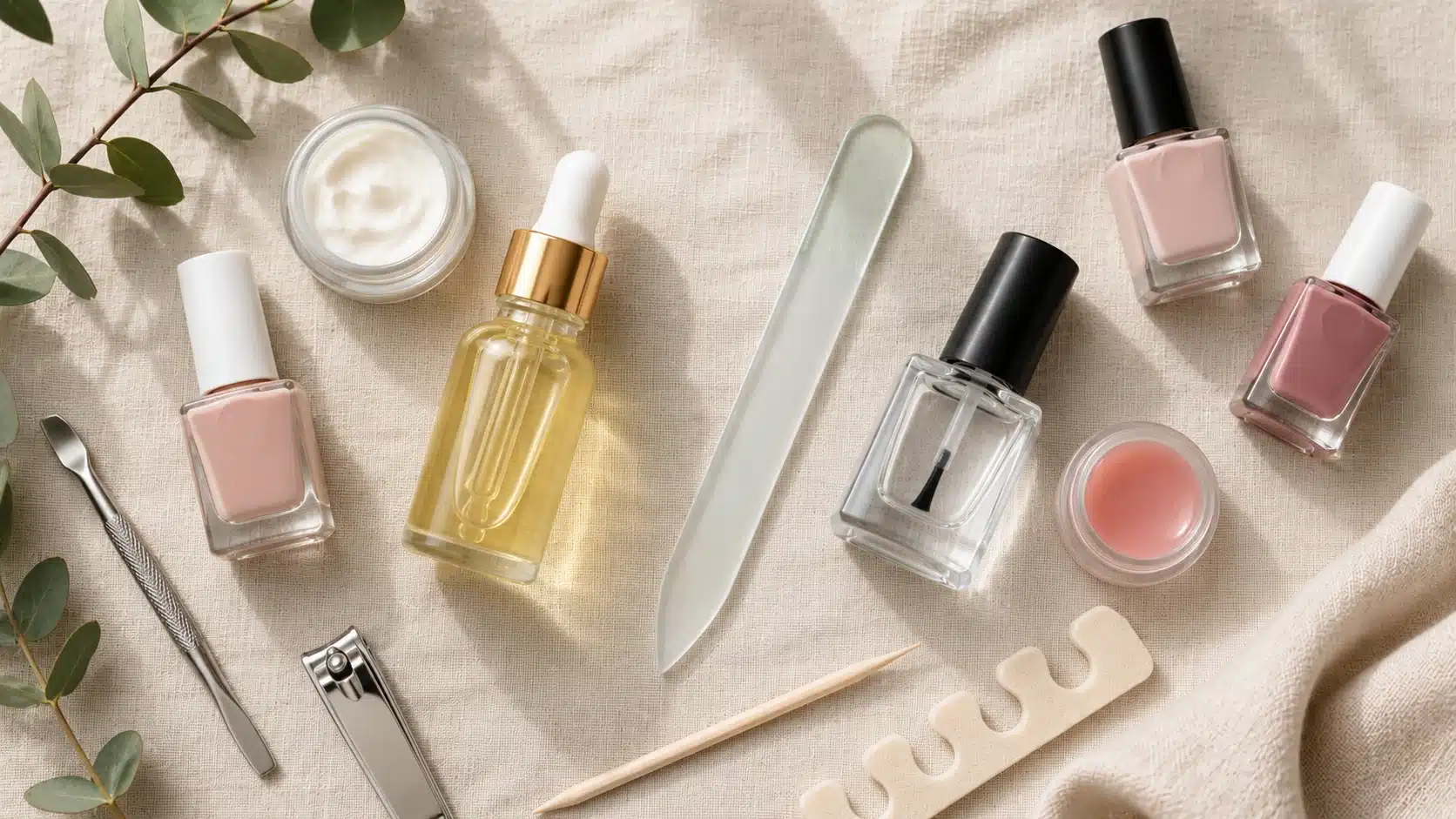 Flat lay of cuticle oil, nail file, and top coat for acrylic nail aftercare routine