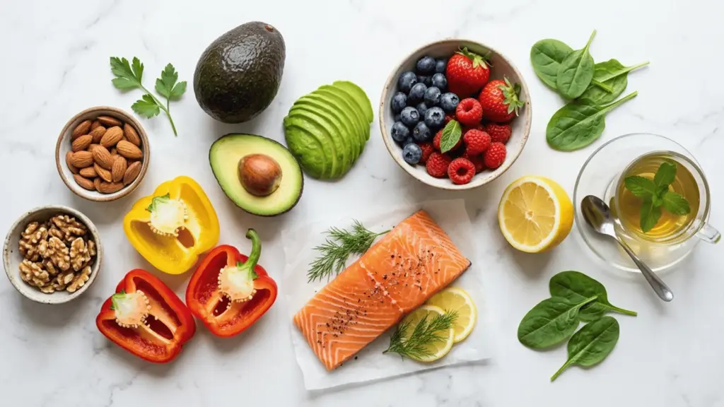 Flat lay of salmon, avocado, berries, nuts, and peppers on white marble in bright, natural light