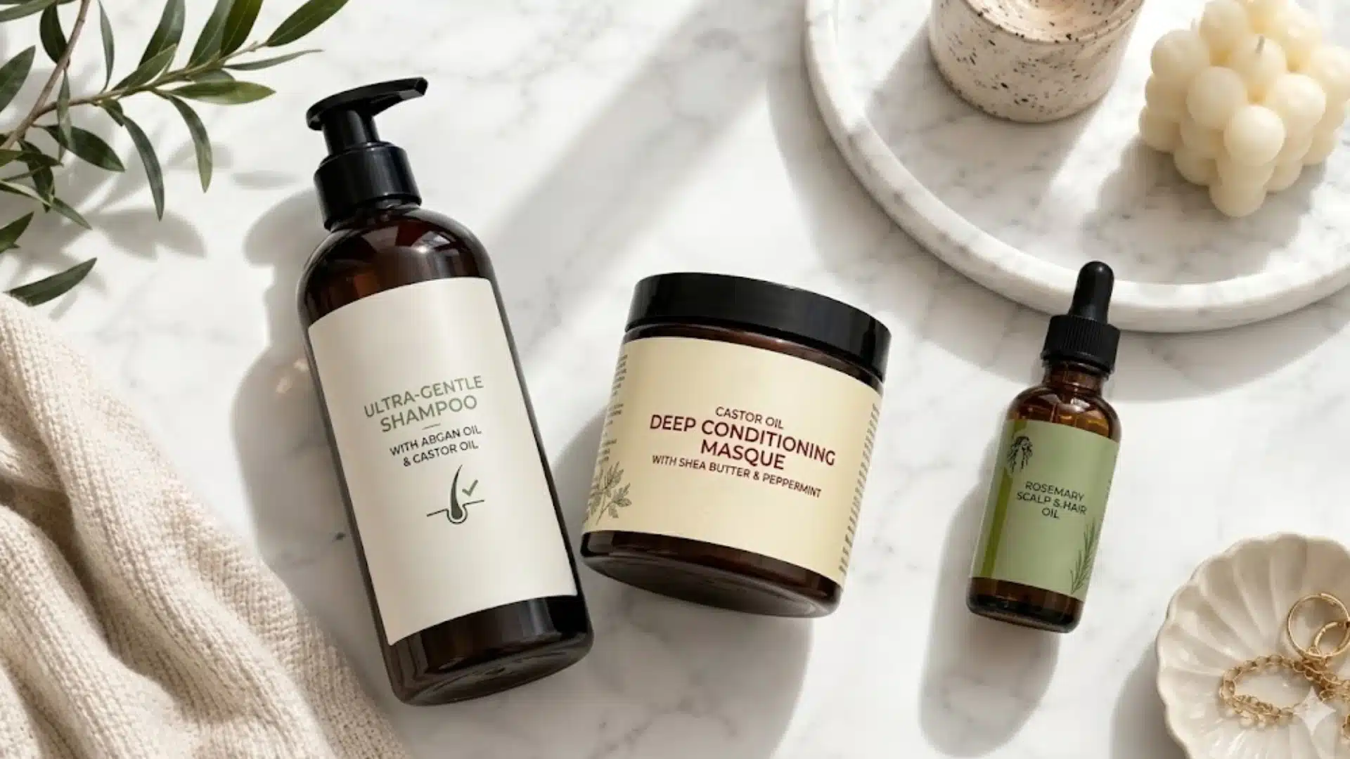 Flat lay of three hair care products on marble surface highlighting shampoo, masque, and scalp oil