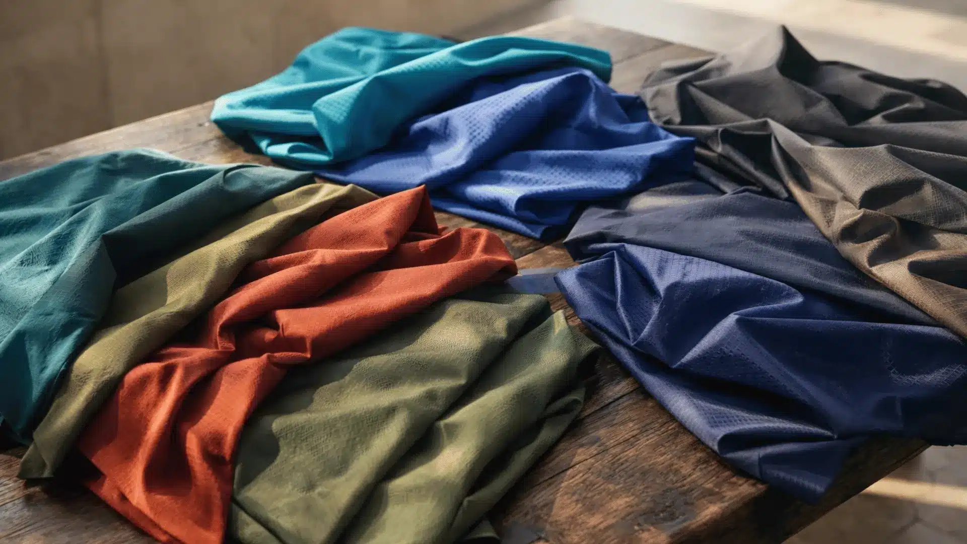 Folded nylon fabric swatches in vibrant and earthy tones on a rustic wood table, highlighting texture.