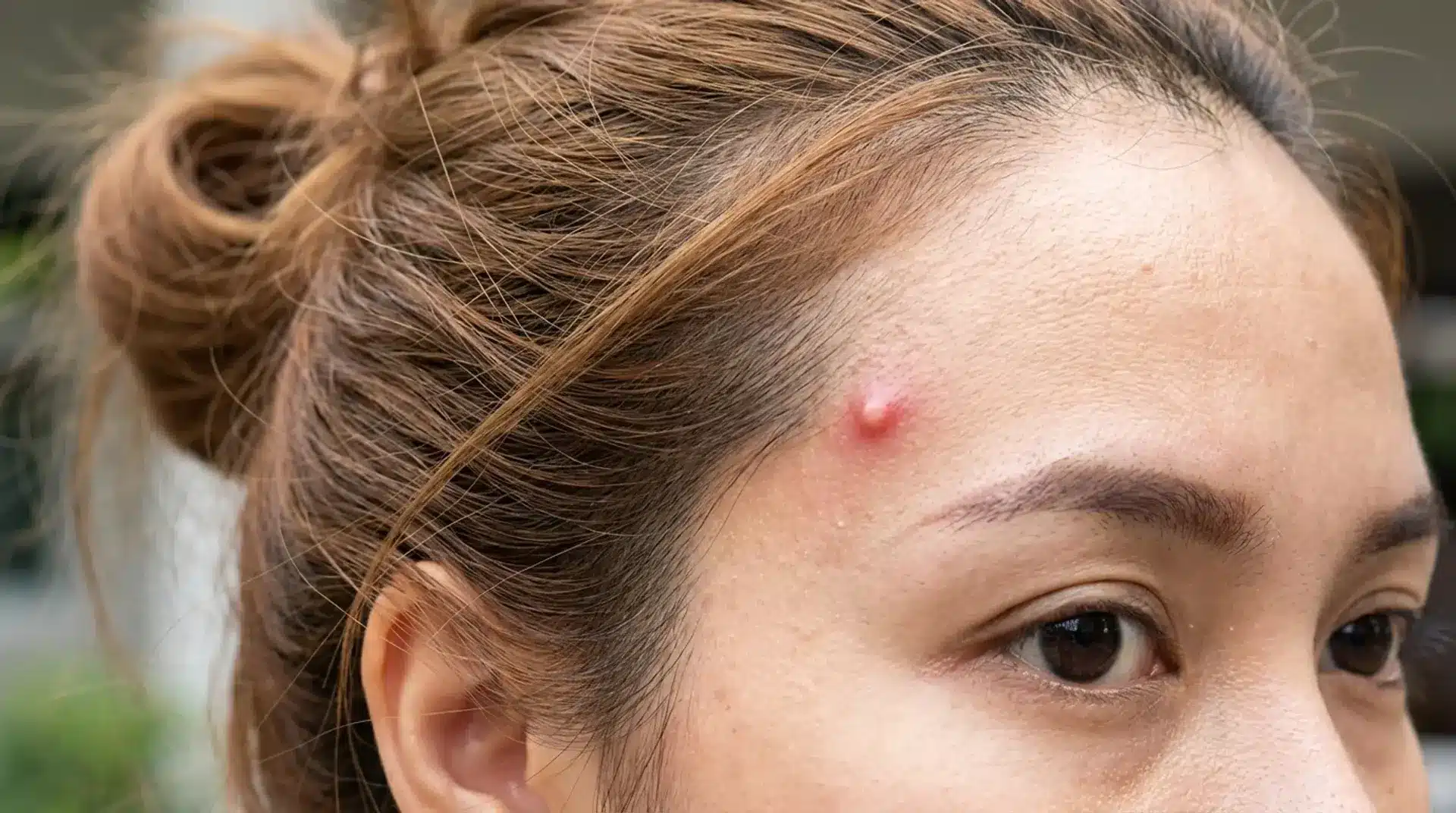 Forehead close-up showing red raised pimple with no head near hairline