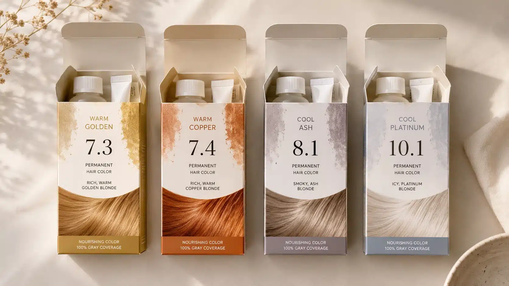 Four hair dye boxes showing warm and cool hair color chart tones and level codes