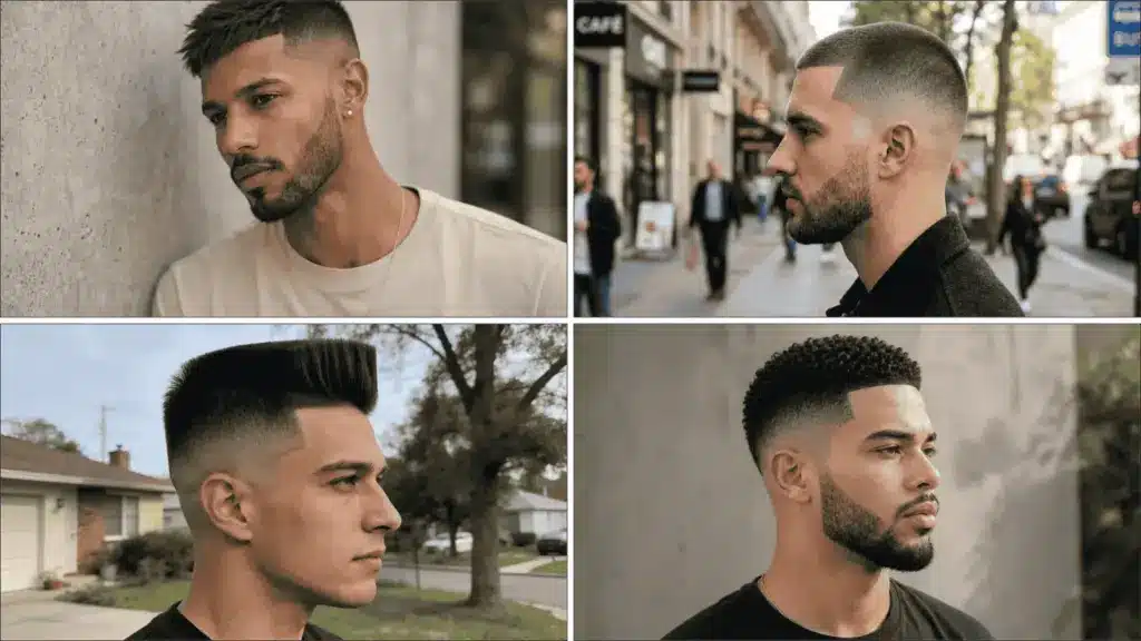 Four men showcasing modern high and tight haircuts with clean fades, short sides, and varied top styles in different settings