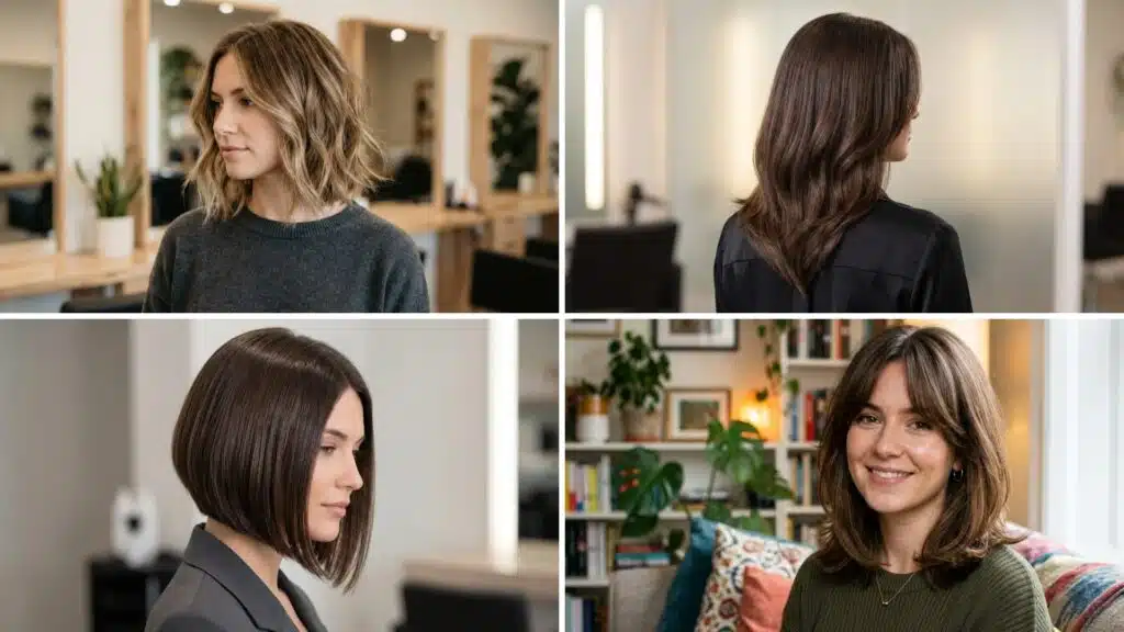 Four women showcasing different hairstyles in salon and home settings