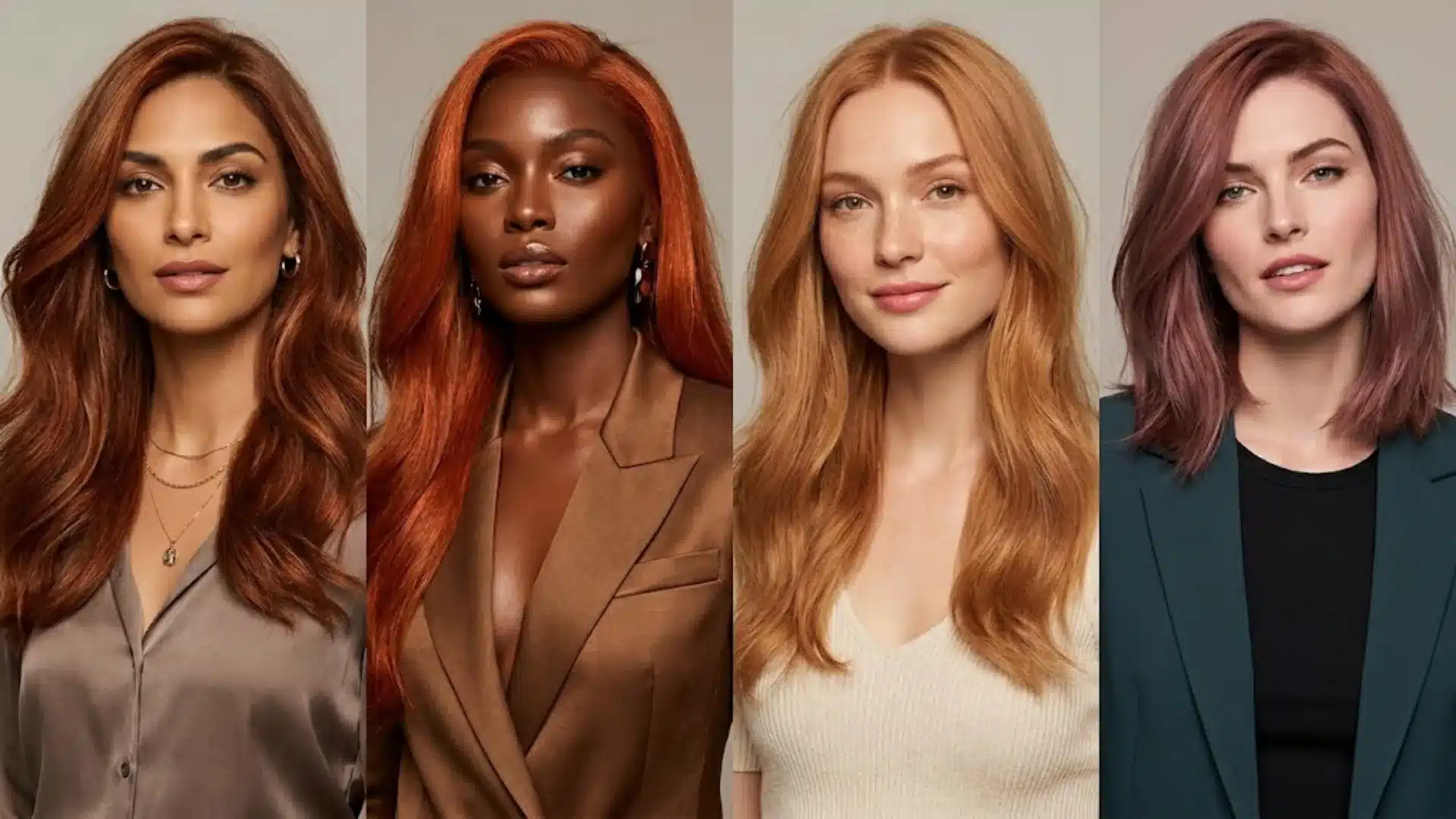 Four women with copper hair shades styled for olive, deep, fair warm, and cool toned skin