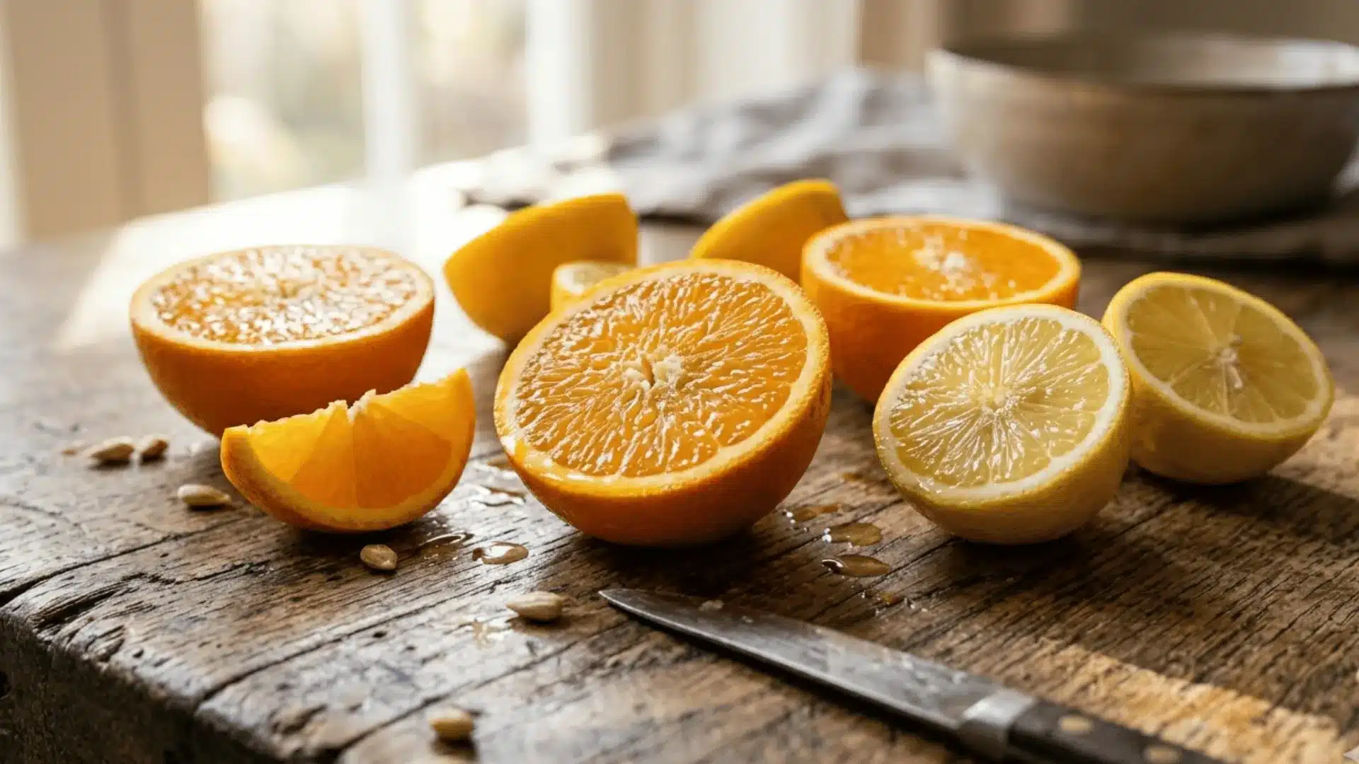 Fresh oranges and lemons cut in halves with juice droplets