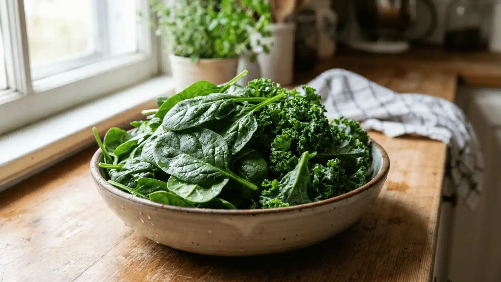 Fresh spinach and kale leaves in a bowl, slightly wet