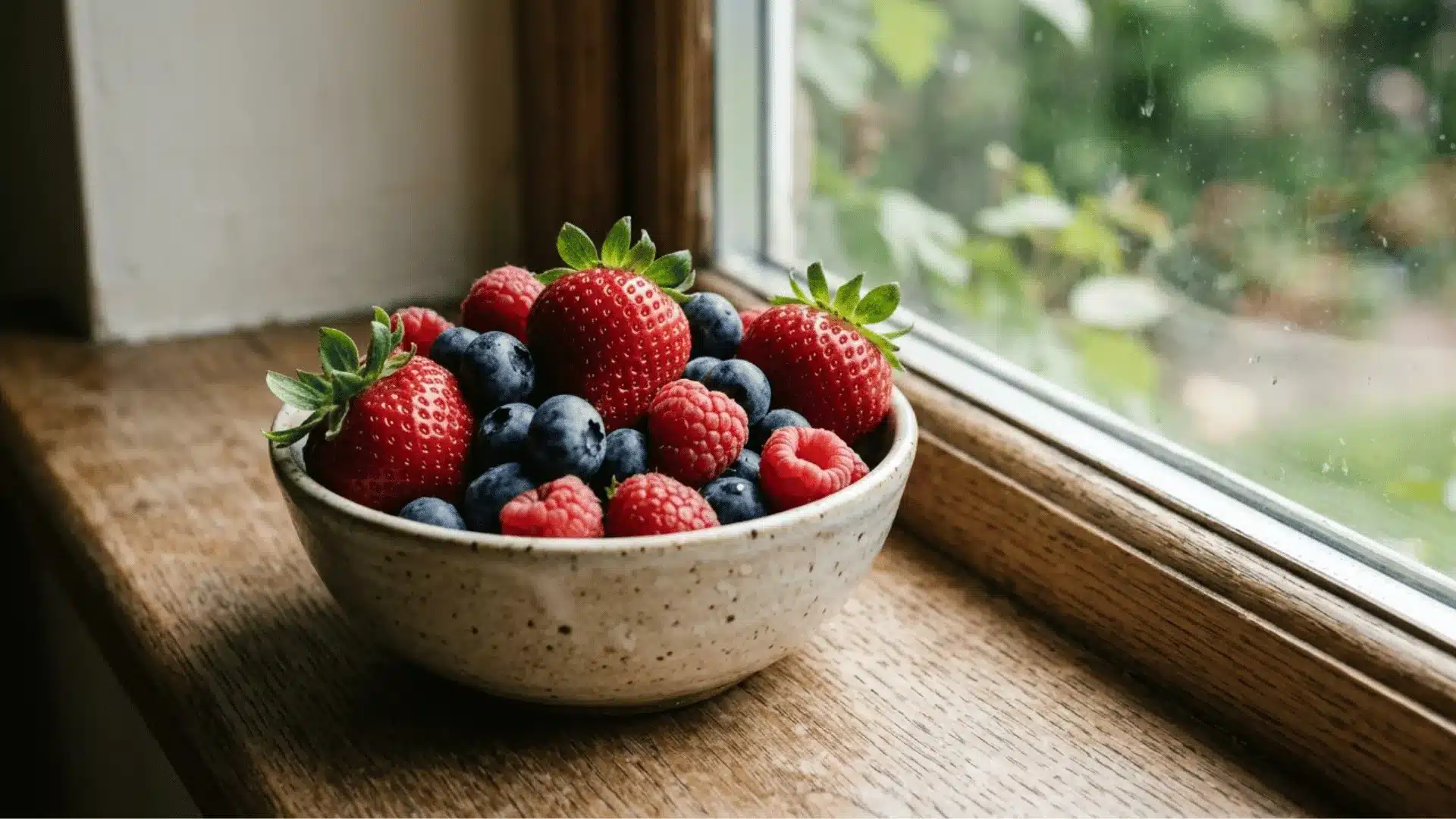 Fresh strawberries, blueberries, and raspberries in a small ceramic bowl