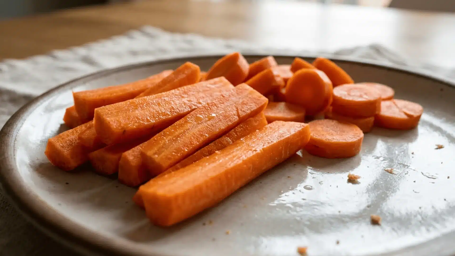 Freshly cut carrots arranged on a plate, featuring both circular slices and long stick-shaped cuts