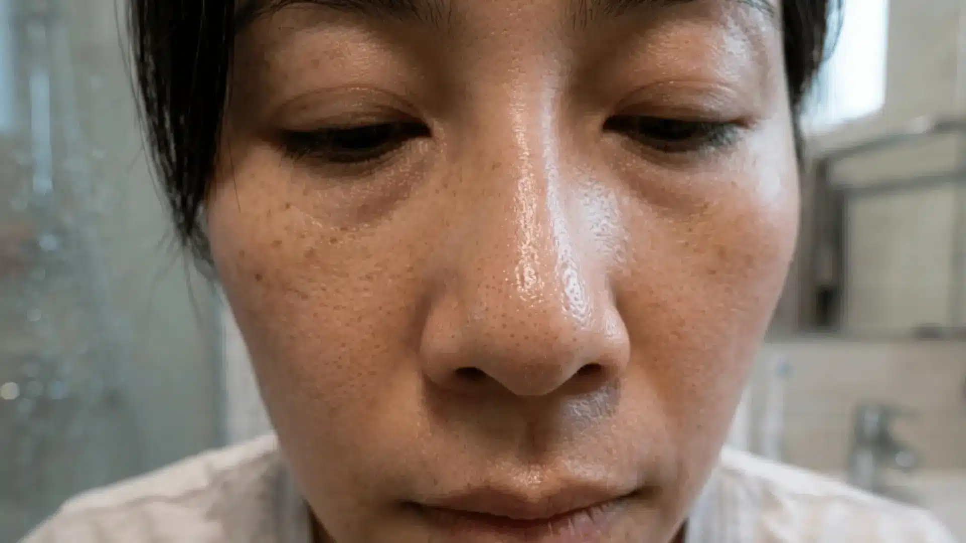 Front view of face showing oily nose and visible pores with natural skin texture
