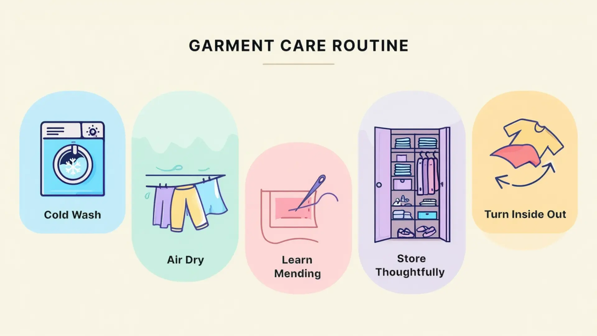 Garment care routine infographic showing cold wash, air dry, mending, storing clothes and turning garments inside out