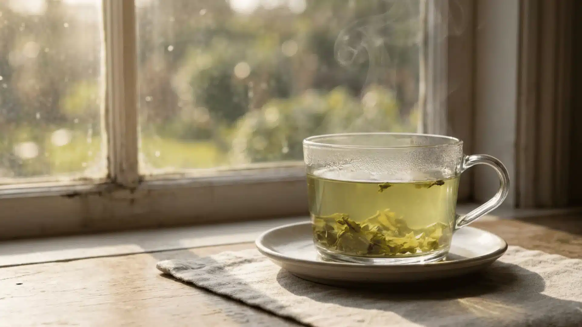 Glass cup of green tea with steam rising