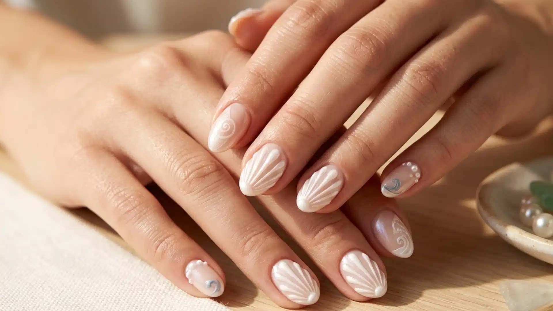 Glossy nude almond nails with white seashell-inspired textured nail art in soft natural lighting and elegant summer beauty aesthetic. (1)