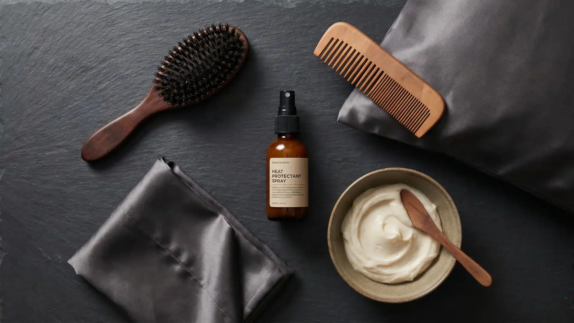 hair care essentials including heat protectant, satin pillowcase, and deep conditioner to extend time between trims