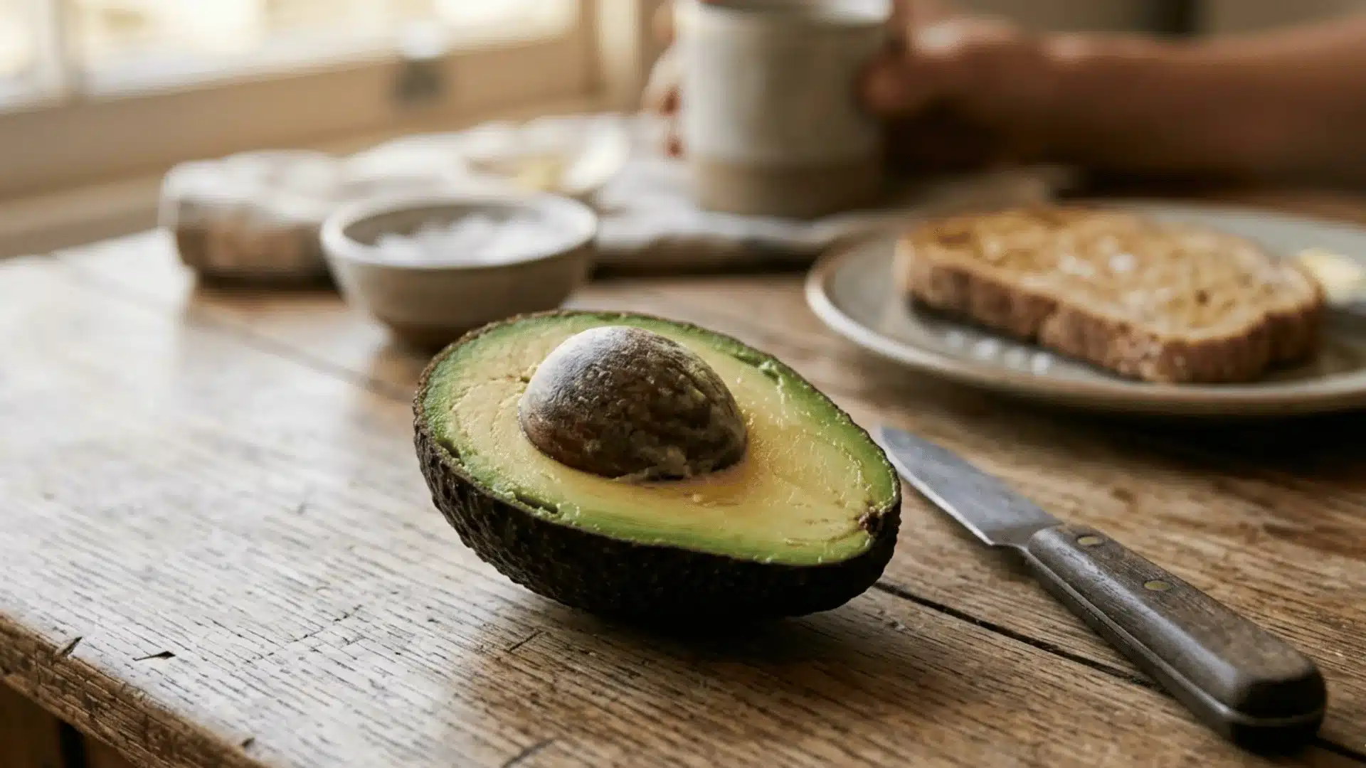 Half-cut ripe avocado with seed, placed on rustic table with knife and toast in background
