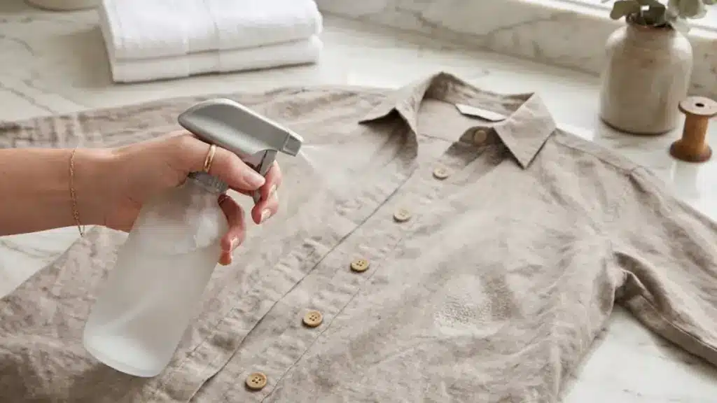 Hand spraying wrinkle release solution on linen shirt laid flat on a clean countertop
