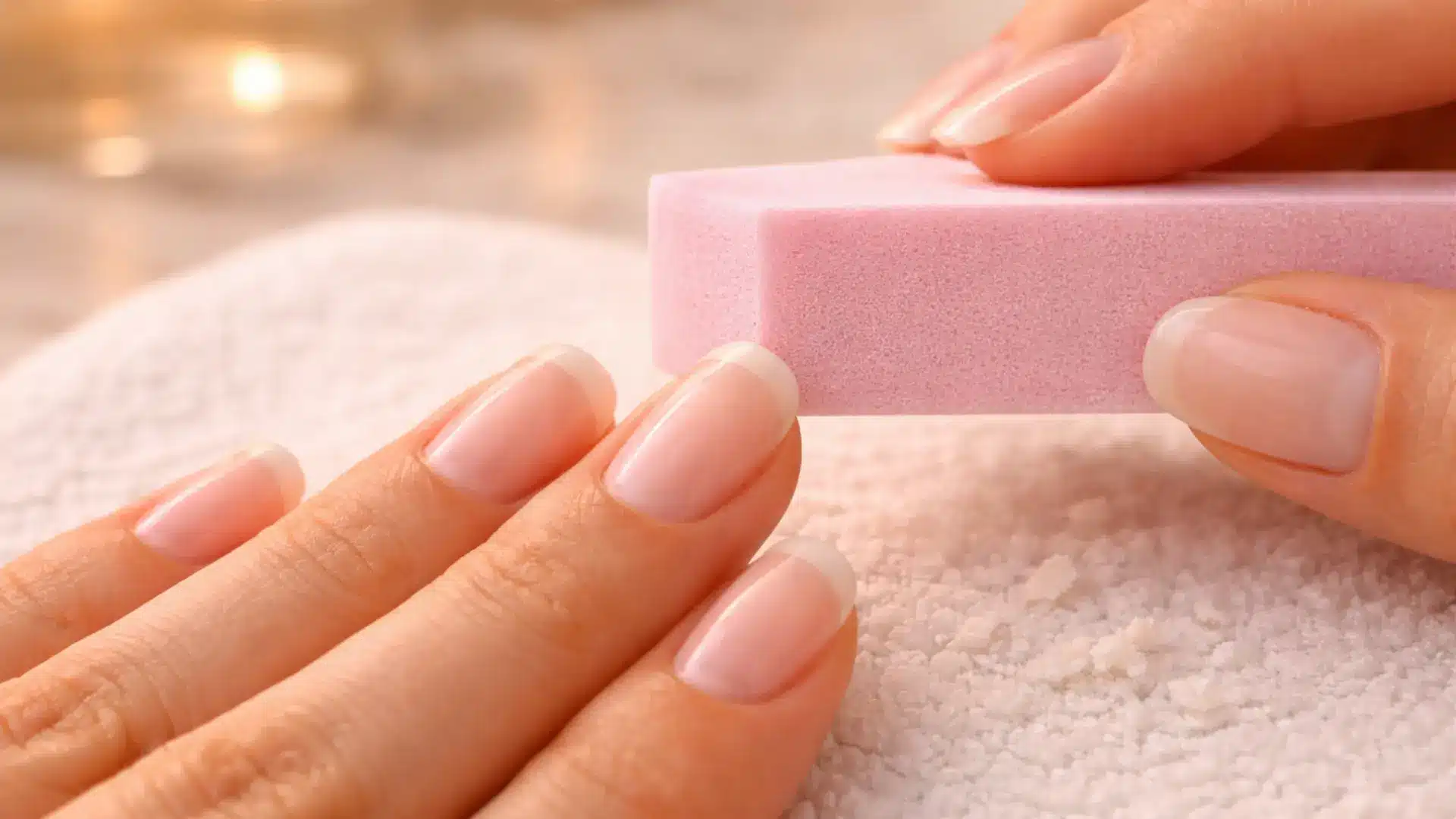 Hand using pink buffer block to smooth and shape natural nails on soft towel surface during manicure