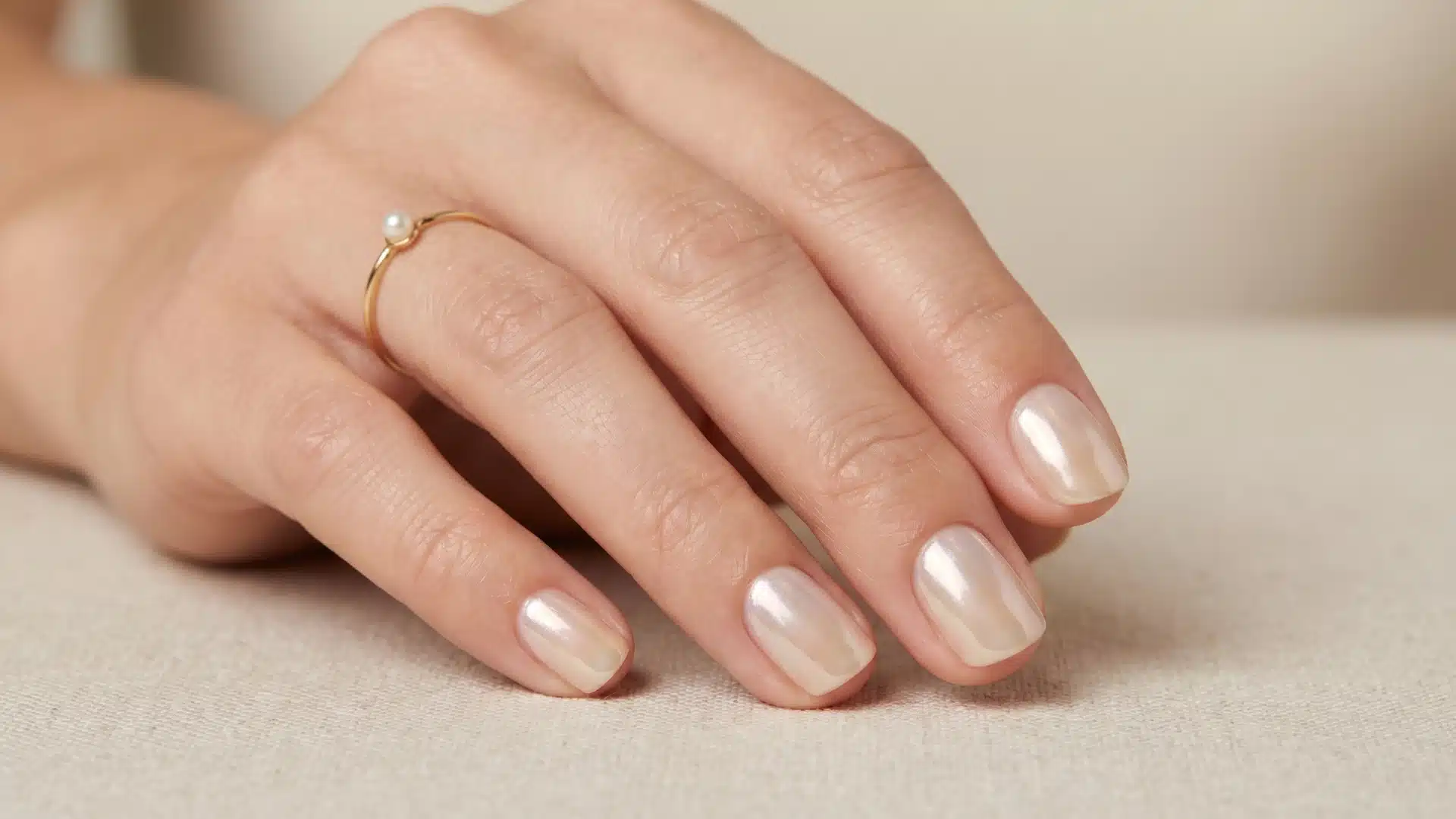 Hand with short natural nails finished in sheer iridescent oyster polish, soft pearl shine, neutral linen background
