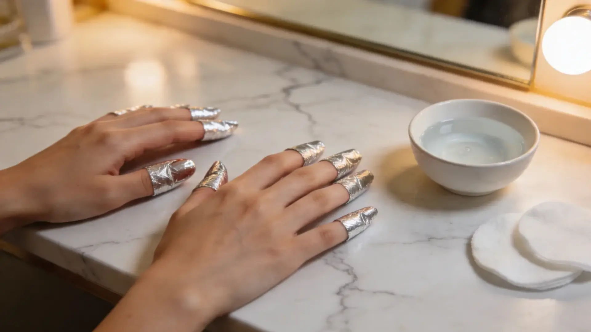 Hands with foil wraps on fingernails during manicure removal process, with bowl of liquid and cotton pads on counter