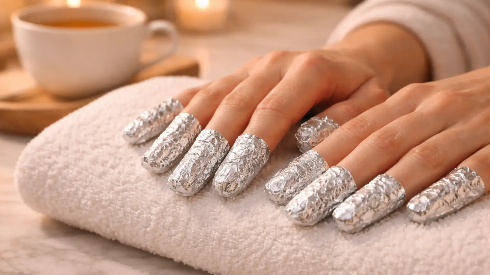 Hands wrapped in foil for gel nail removal resting on towel, with soft lighting and relaxing home manicure setup