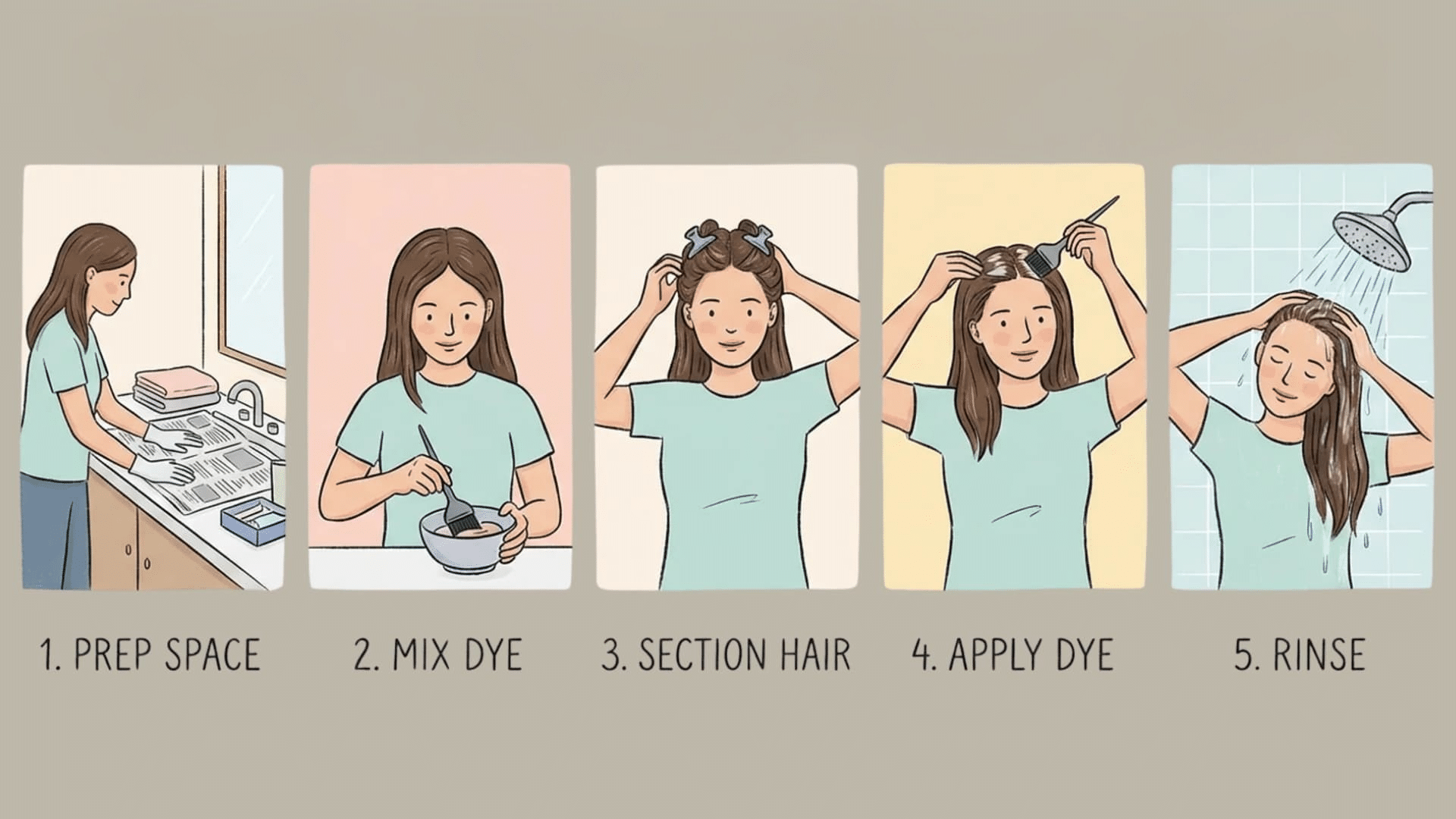 Illustration showing a woman coloring her hair at home in 5 steps prepping space, mixing dye in a bowl, sectioning hair