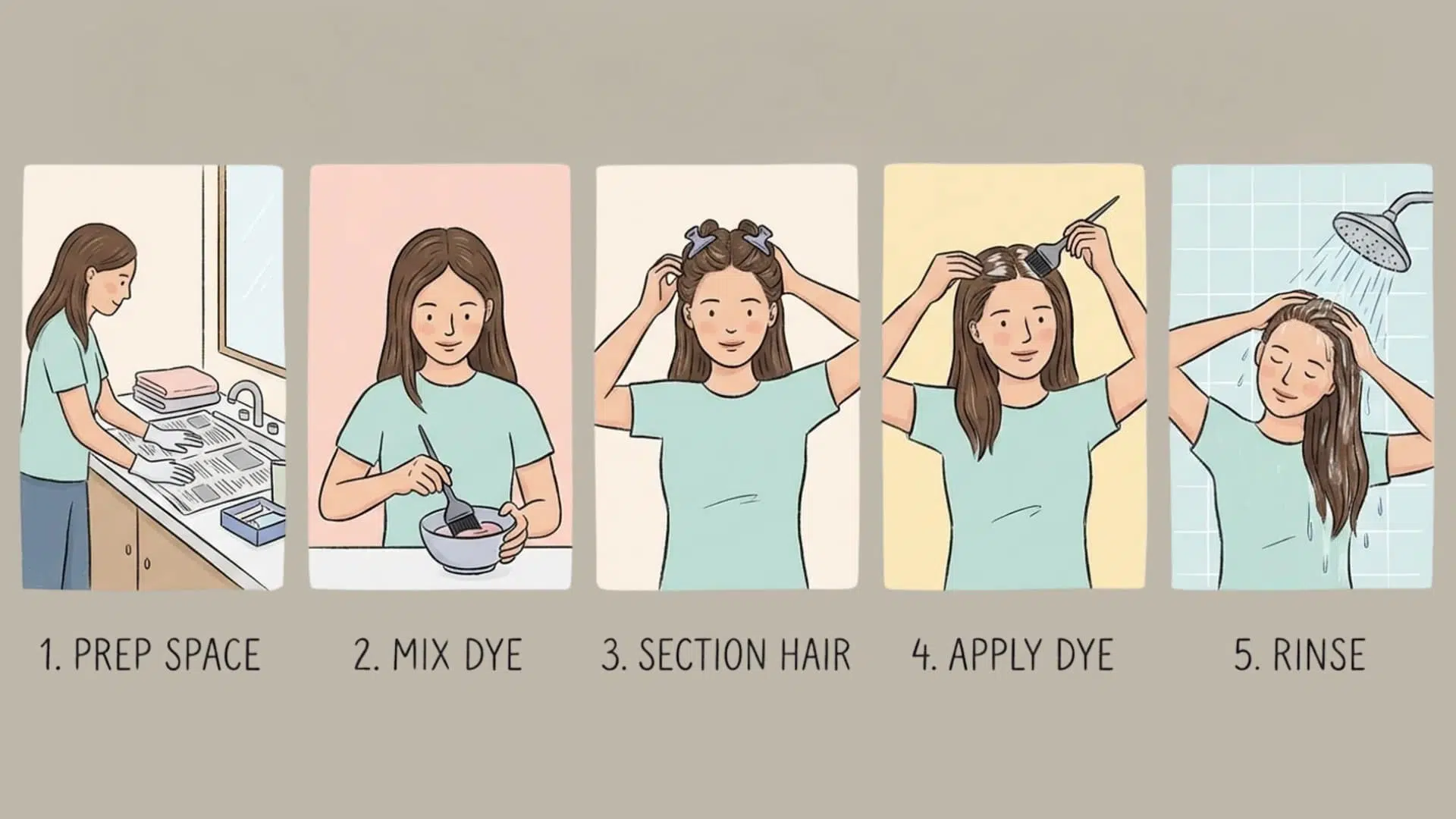 Illustration showing a woman coloring her hair at home in 5 steps prepping space, mixing dye in a bowl, sectioning hair