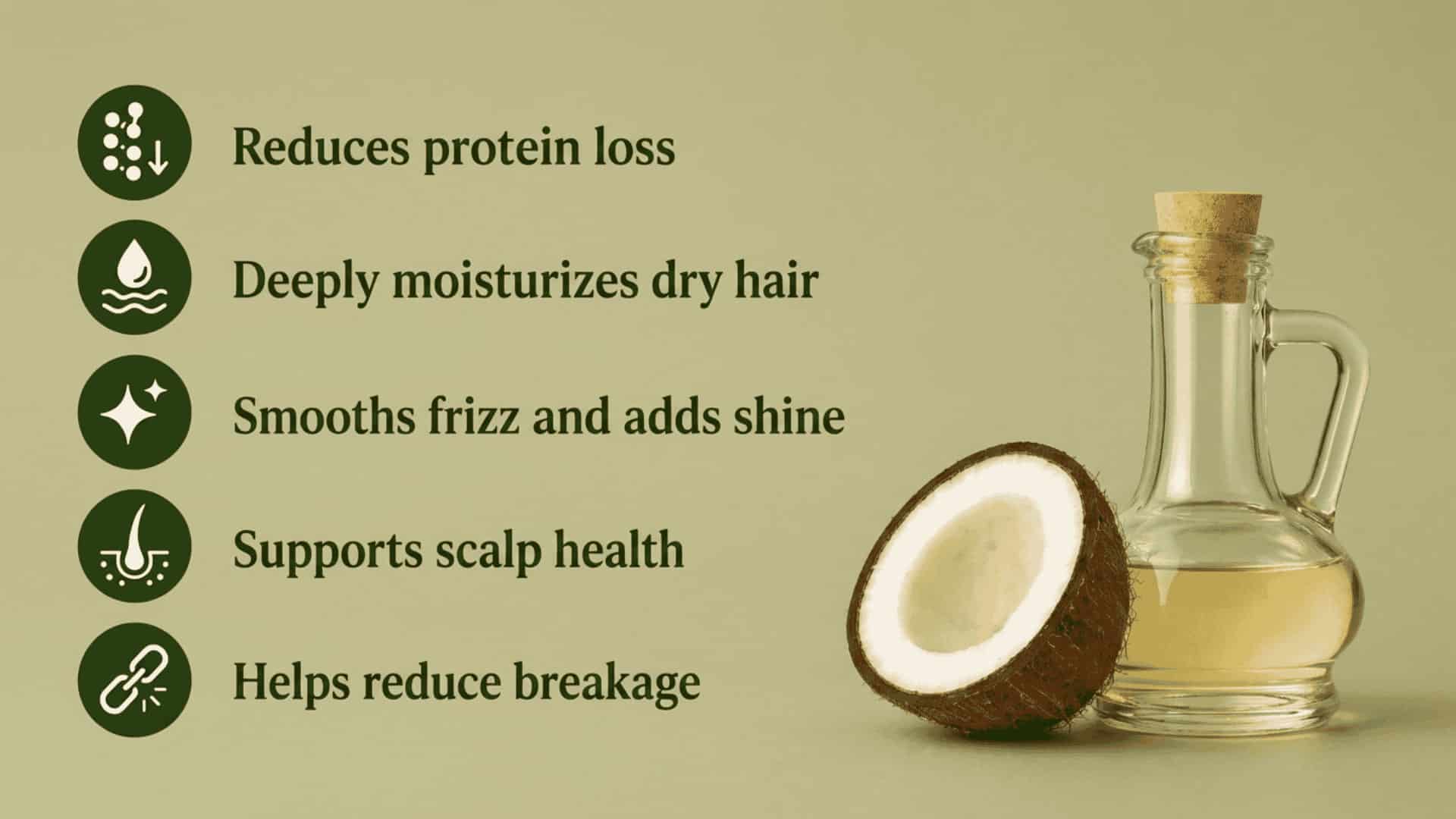 Infographic listing coconut oil benefits for hair with a coconut and oil bottle