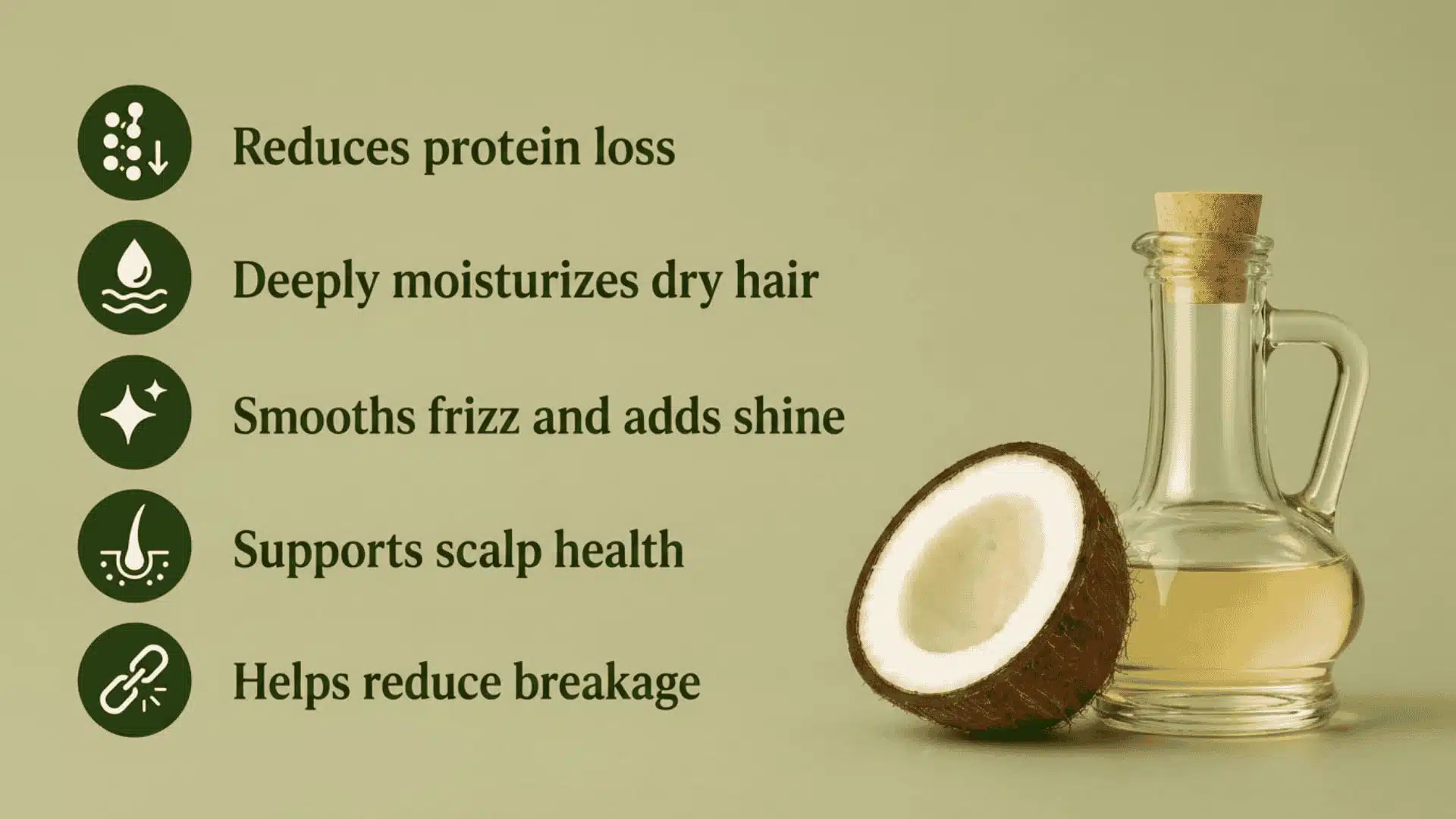 Infographic listing coconut oil benefits for hair with a coconut and oil bottle