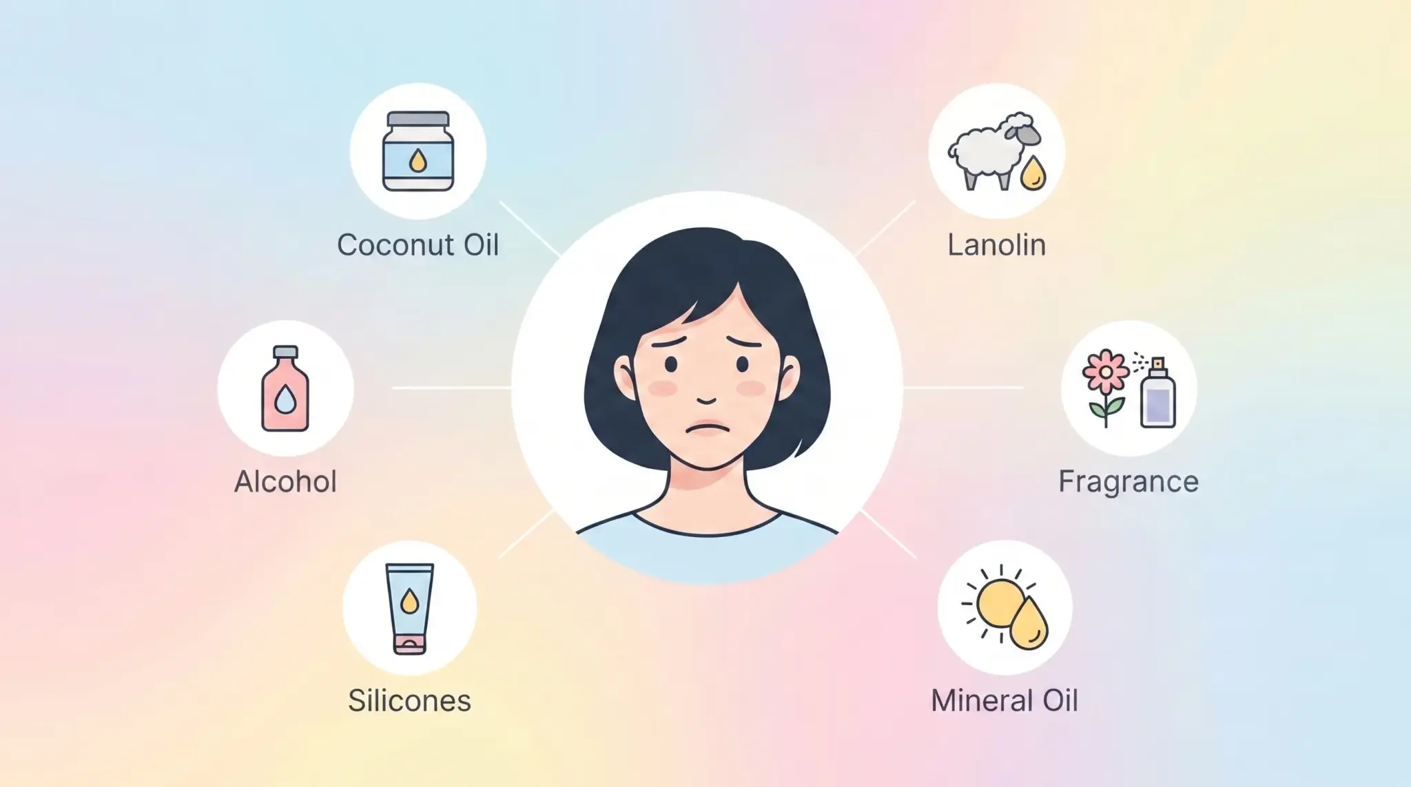 Infographic of worried face with skincare triggers like coconut oil, lanolin, alcohol, fragrance, silicones