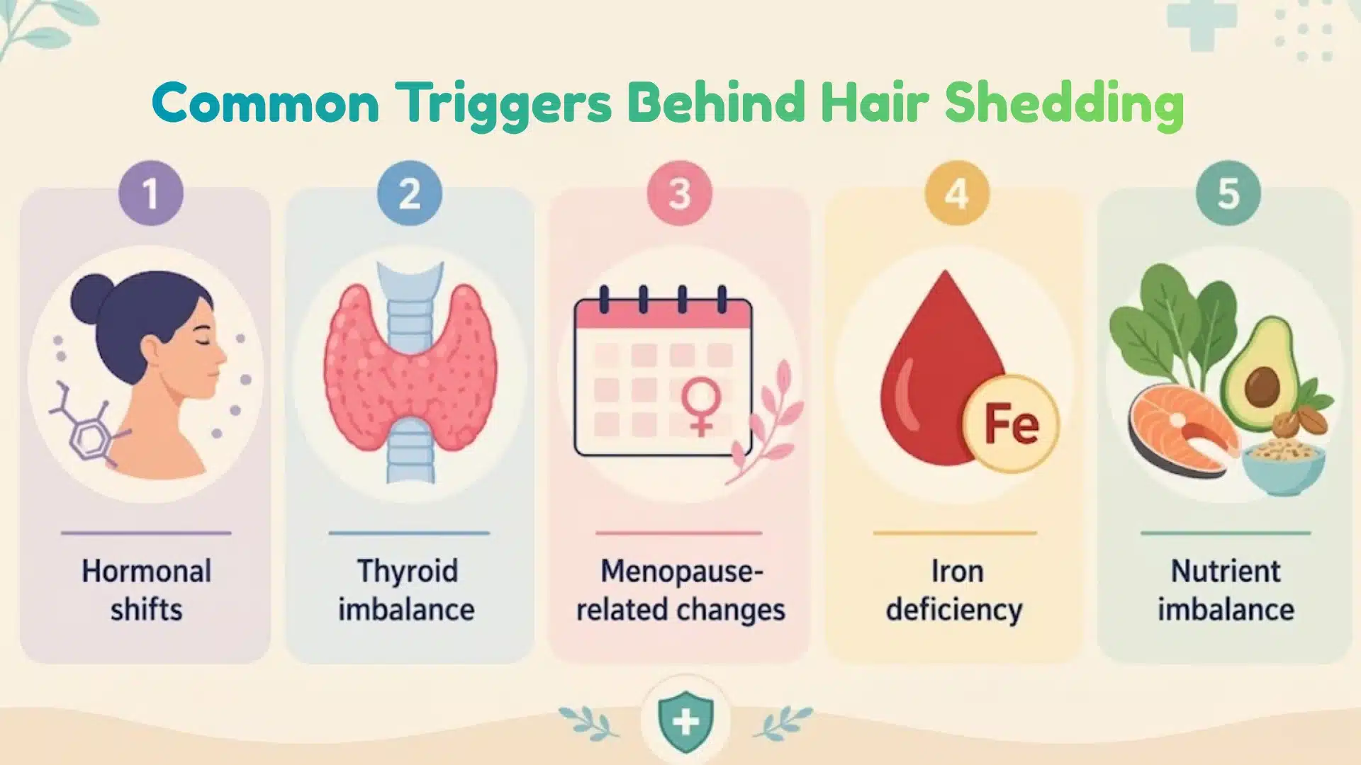 Infographic showing common hair shedding causes like hormones, thyroid, iron, menopause, and nutrition