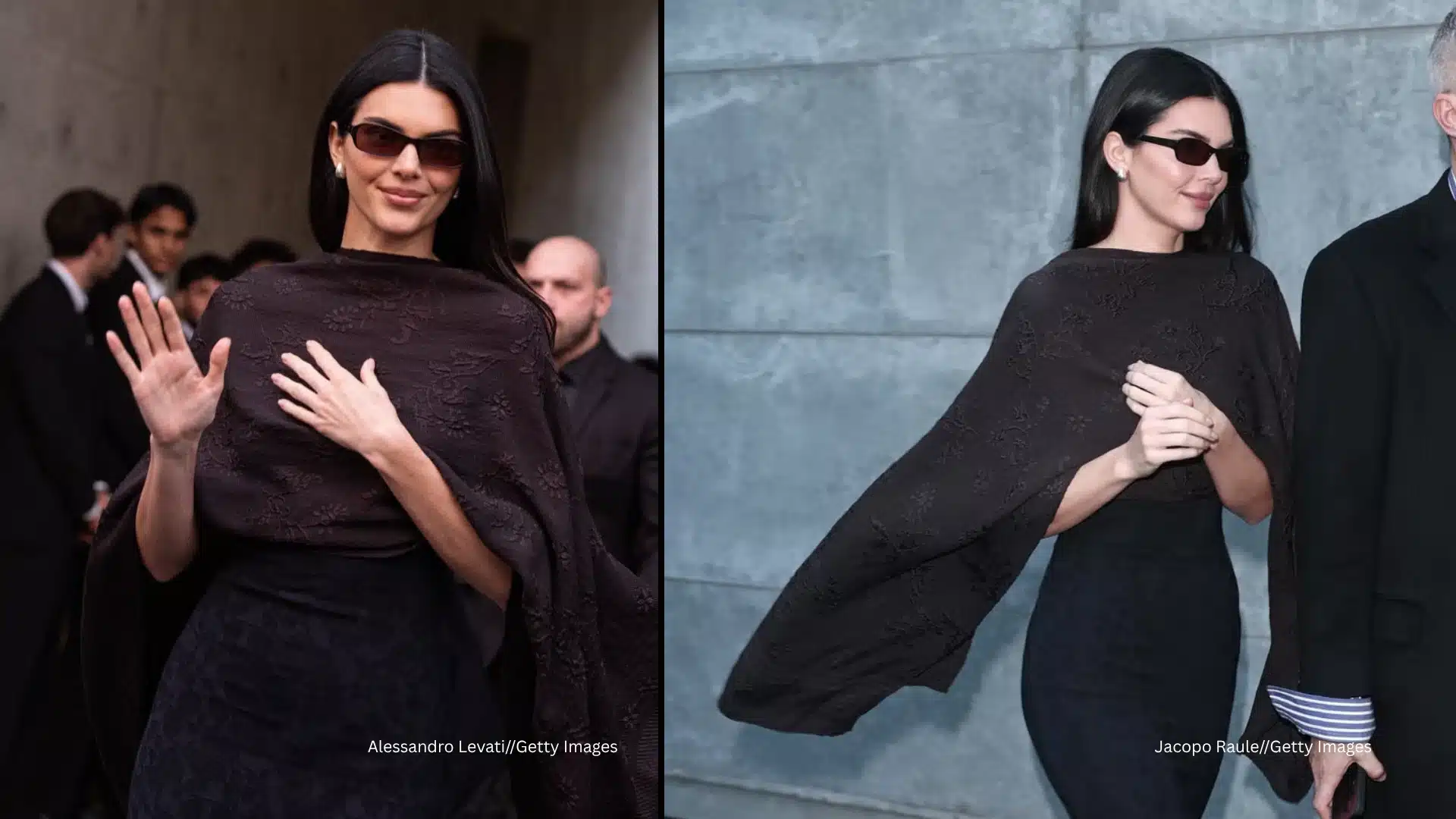 Kendall Jenner wearing silk scarf attending the Emporio Armani Fall_Winter 2026 show during Milan Fashion Week in Italy