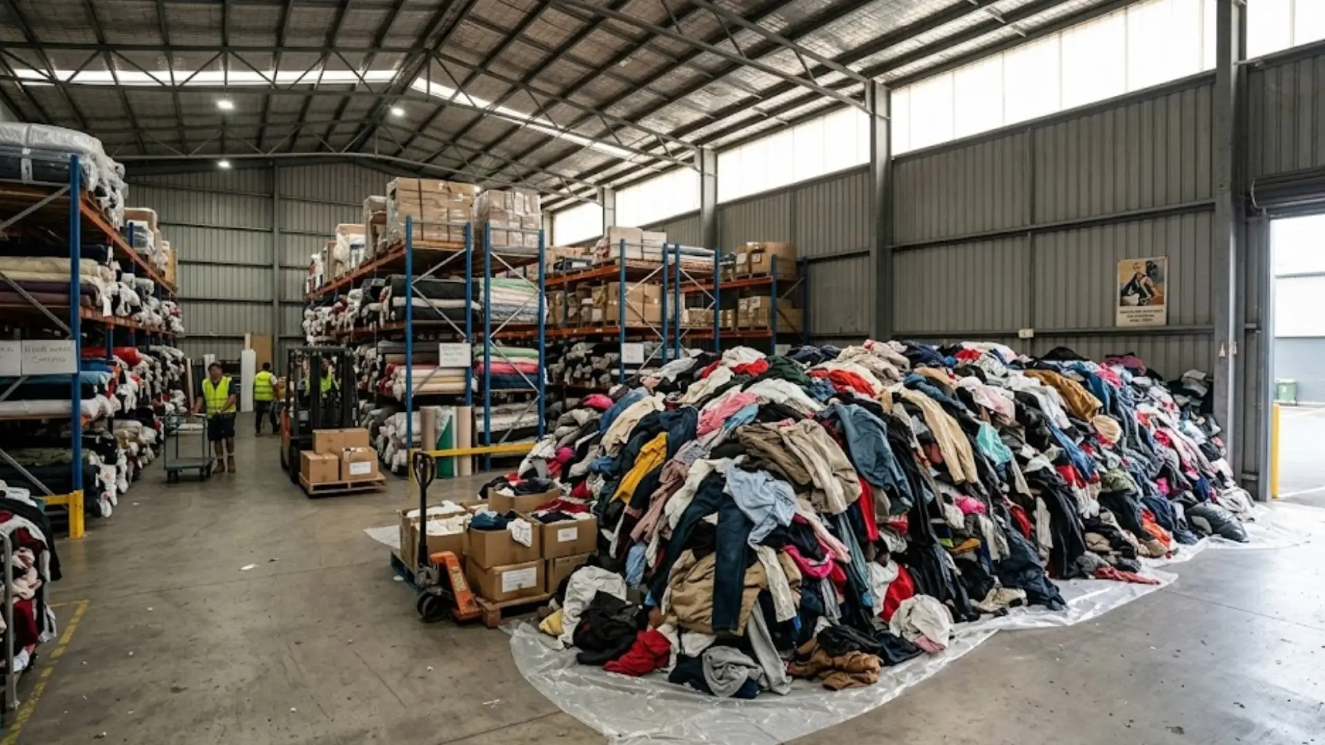Large piles of discarded clothing in warehouse, workers sorting textiles and boxes for recycling or resale