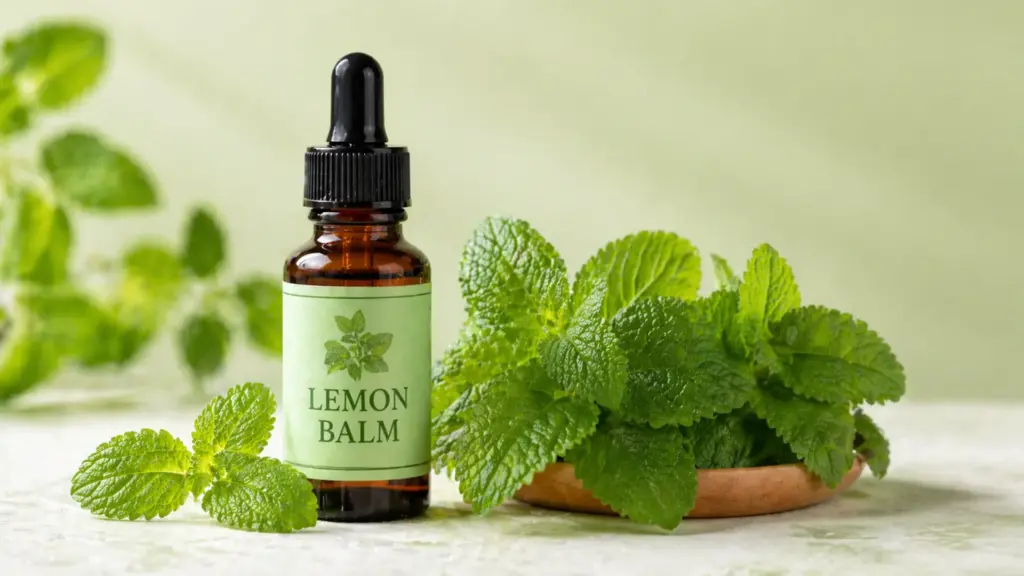 Lemon balm essential oil dropper bottle beside fresh green leaves on plate, natural herbal skincare setting