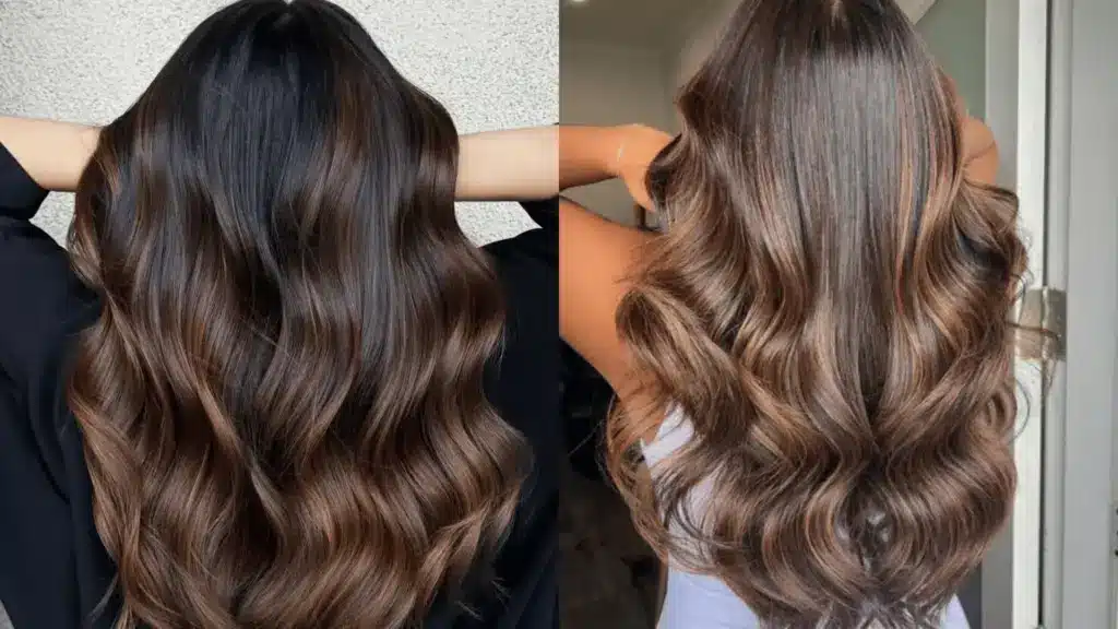 Long wavy brunette hair with soft caramel balayage highlights and glossy salon styled curls
