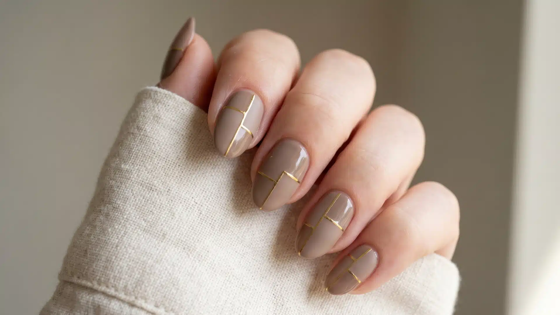Macro shot of nude nails with matte glossy geometric design and thin gold lines